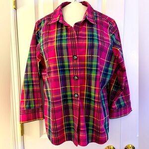 Foxcroft sz 14, Button-Down Shirt Blouse, plaid preppy, wrinkle free shaped fit